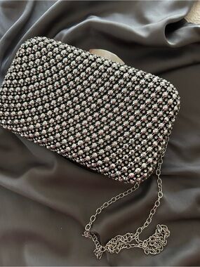 Crystal-Studded Black Evening Clutch with Chain Strap